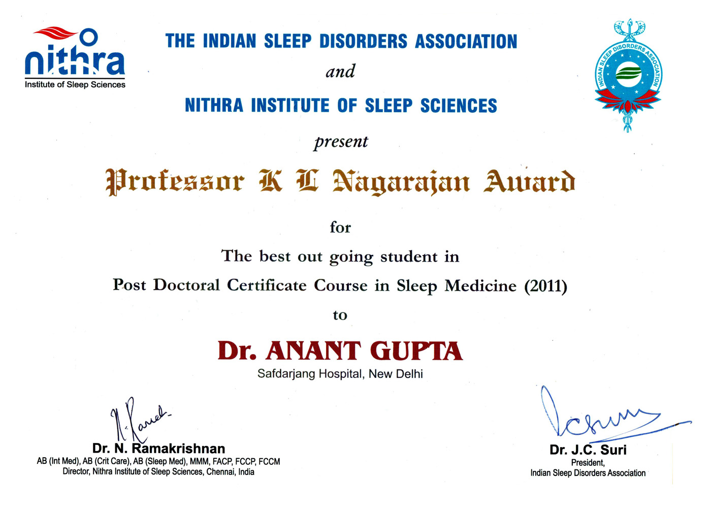 Professor K L Nagarajan Award
